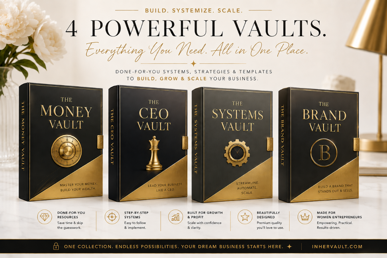 Four black and gold vault-like boxes labeled 'The Money Vault', 'The CEO Vault', 'The Systems Vault', and 'The Brand Vault' on a white surface.
